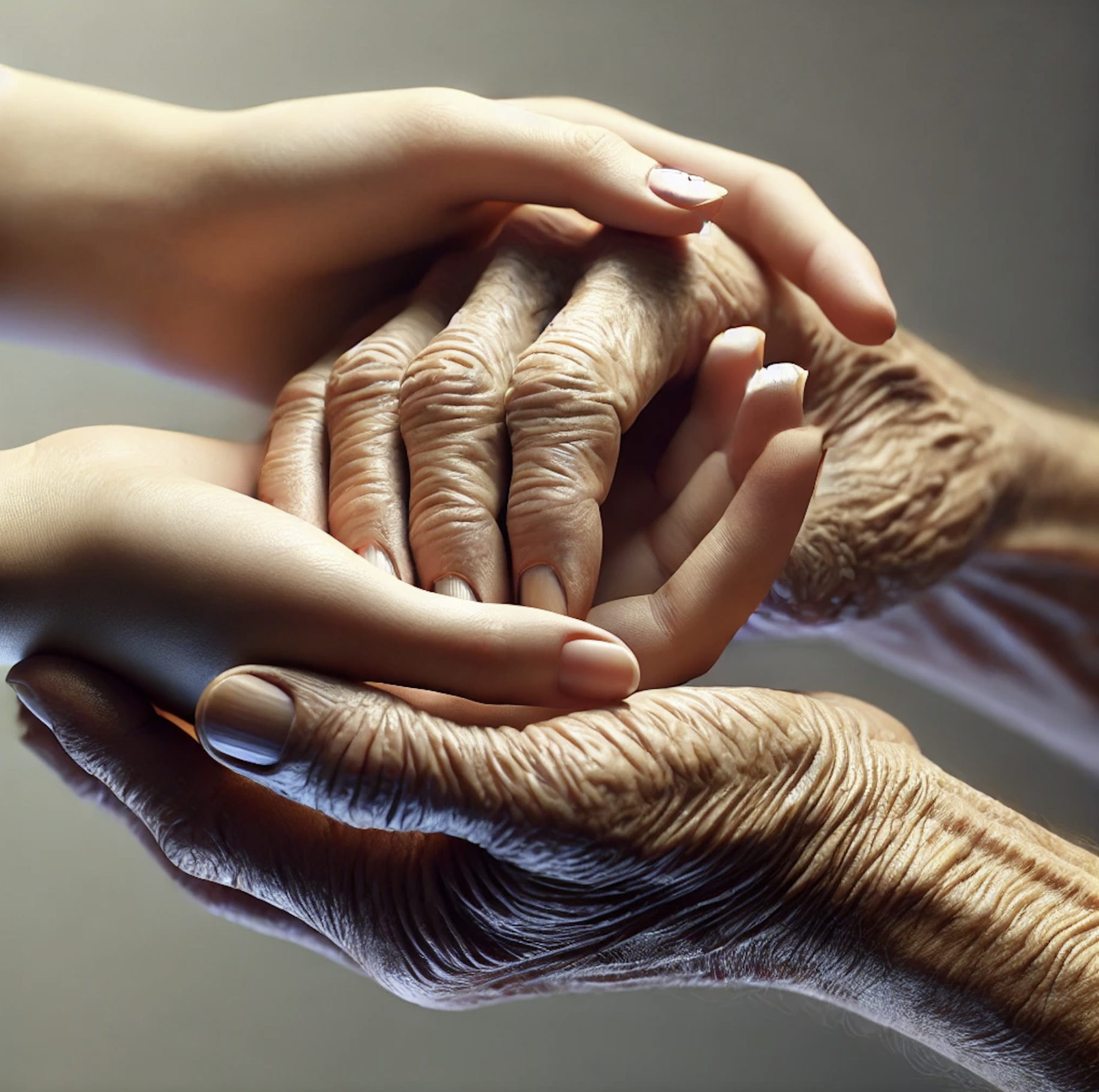 A pair of frail hands in a supportive embrace with the hands of a caregiver.
